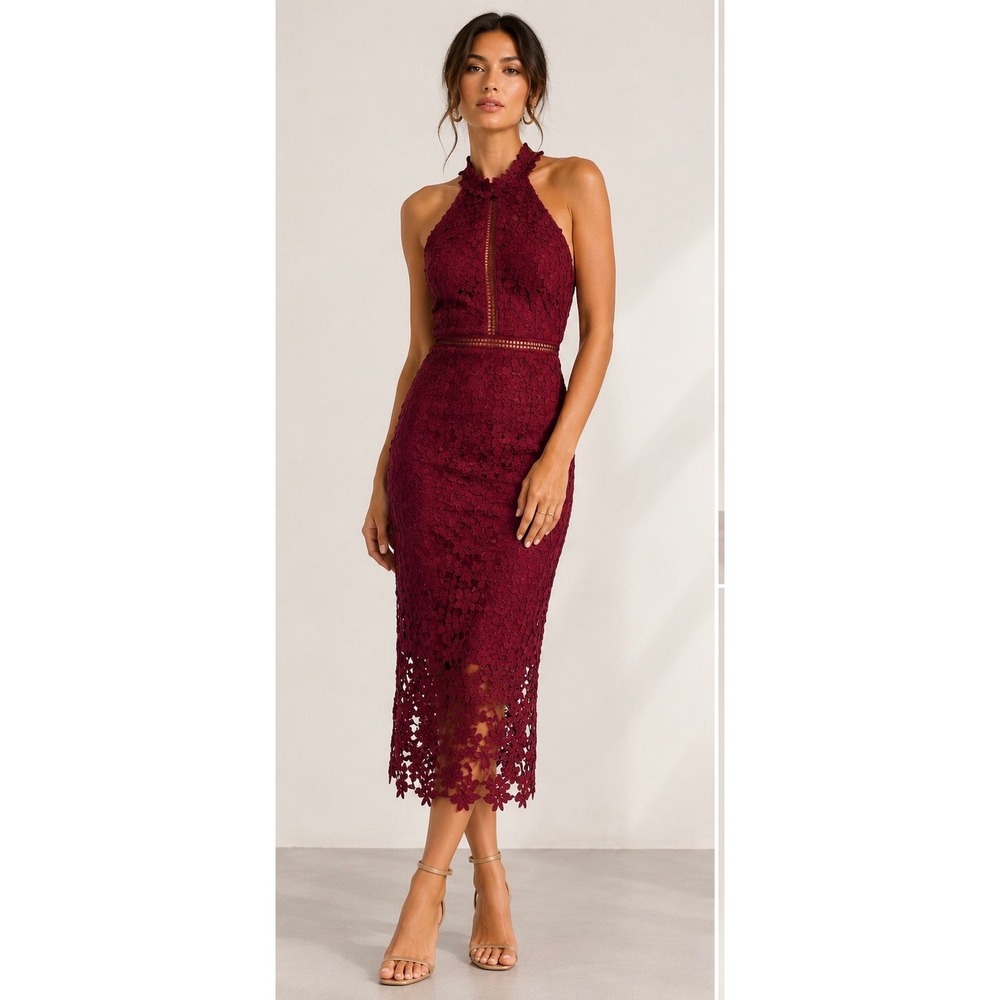 Bardot Burgundy Lace Halter Midi Dress